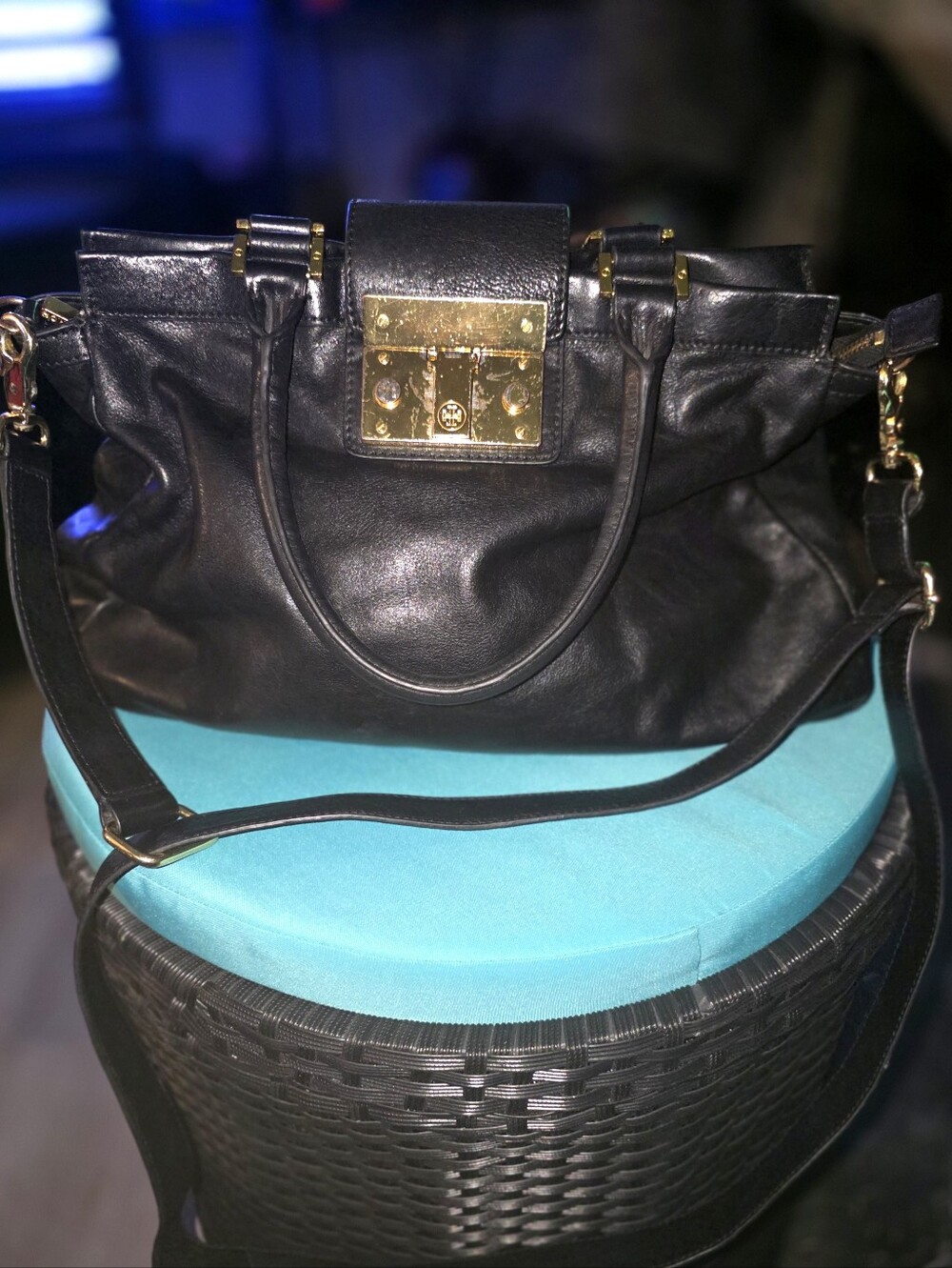 Tory Burch Black Leather Holland Satchel Shoulder Bag w/ Adjustable Strap